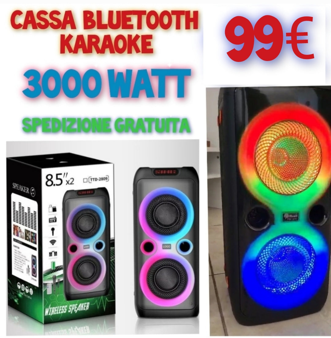 CASSA 3000 WATT BLUETOOTH KARAOKE RICARICABILE CON TELECOMANDO E MICROFONO INCLUSO