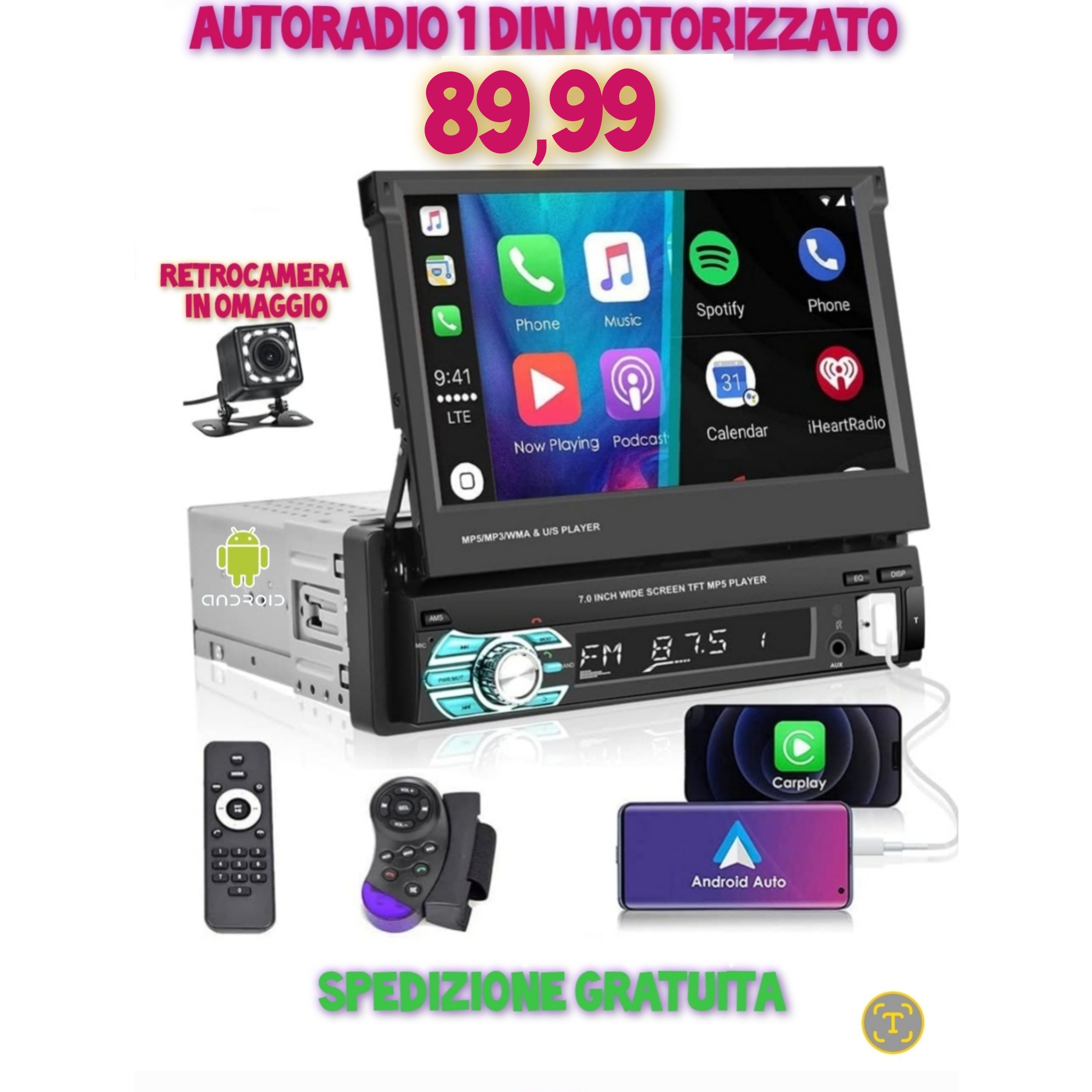 AUTORADIO 1 DIN MOTORIZZATO (UNIVERSALE)  DISPLAY 7POLLICI