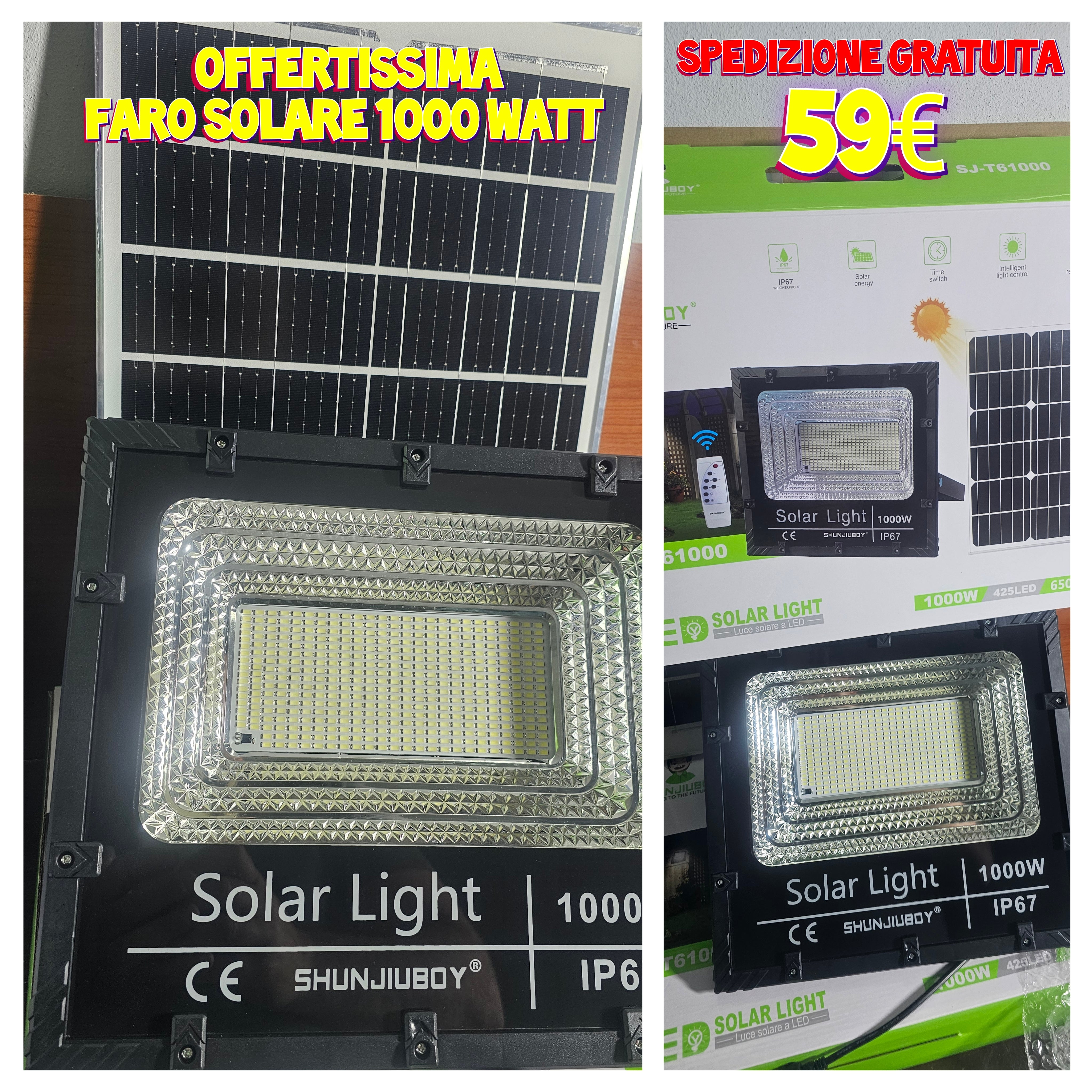Promo💥faro solare 1000 watt completo di pannello staffe e telecomando ( spedizione gratuita)