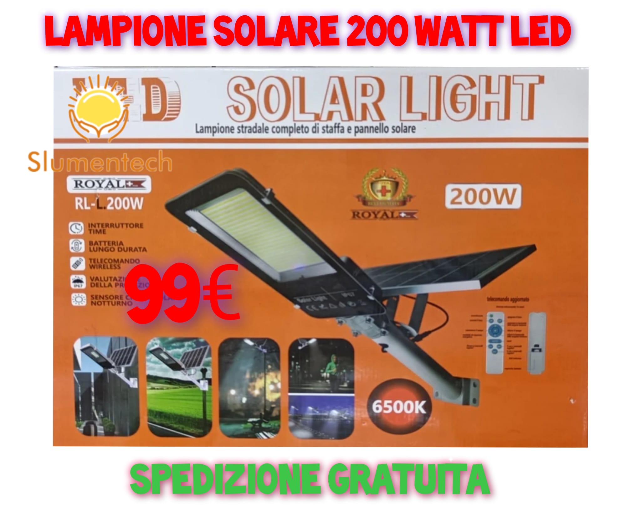 LAMPIONE SOLARE 200 WATT LUCE BIANCA  COMPLETO DI PANNELLO STAFFE E TELECOMANDO