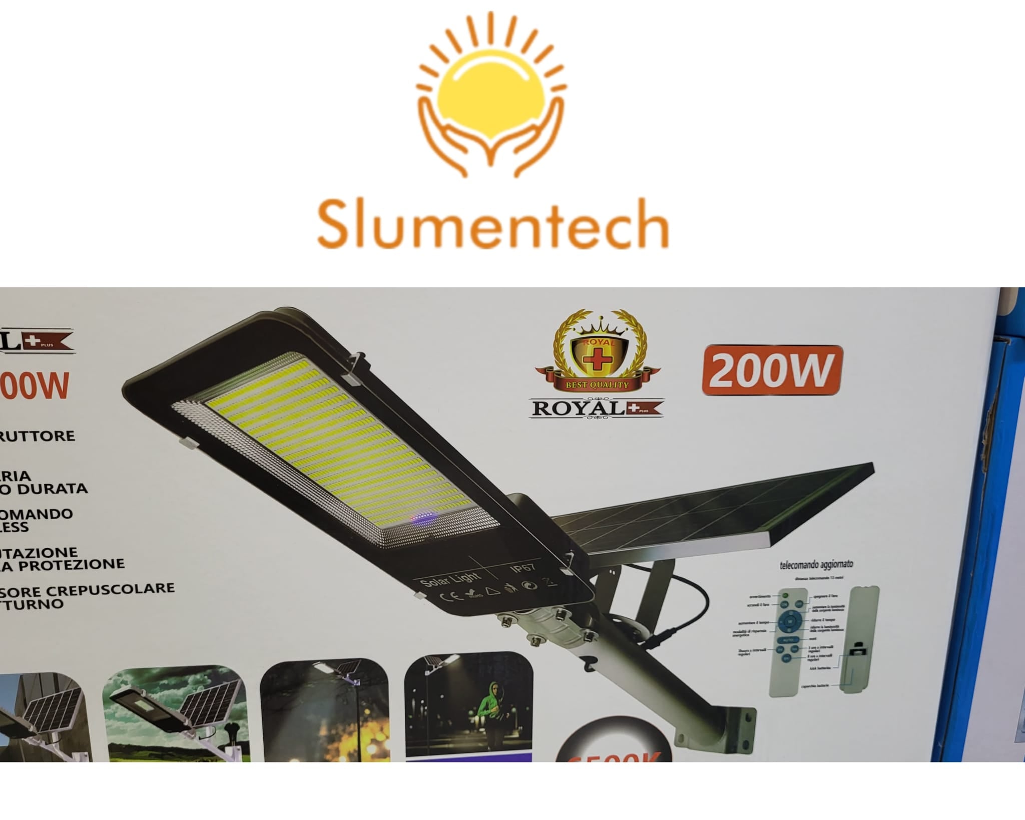 LAMPIONE SOLARE 200 WATT LUCE BIANCA  COMPLETO DI PANNELLO STAFFE E TELECOMANDO