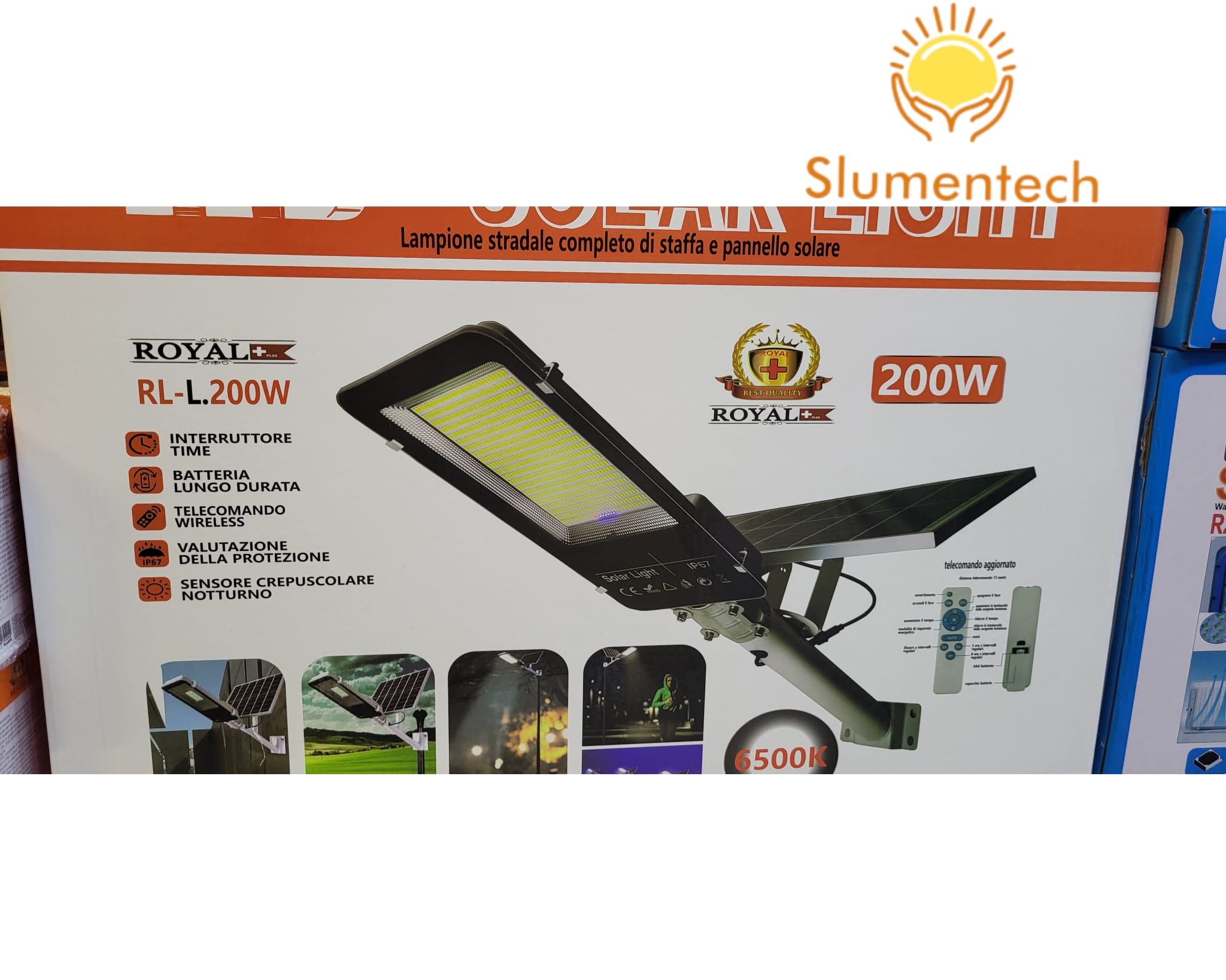 LAMPIONE SOLARE 200 WATT LUCE BIANCA  COMPLETO DI PANNELLO STAFFE E TELECOMANDO