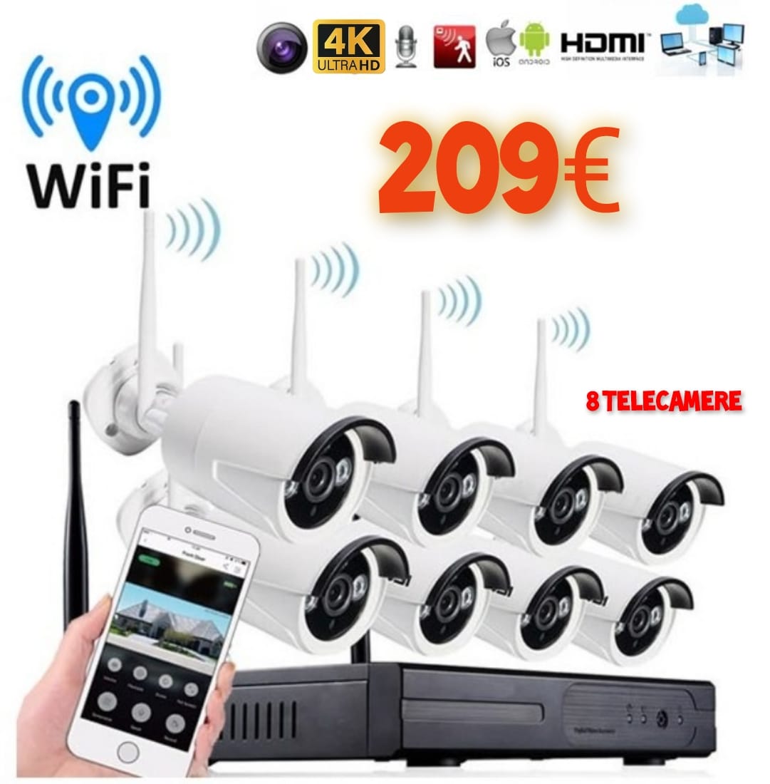 KIT VIDEOSORVEGLIANZA 8 TELECAMERE WIRELESS FULL HD