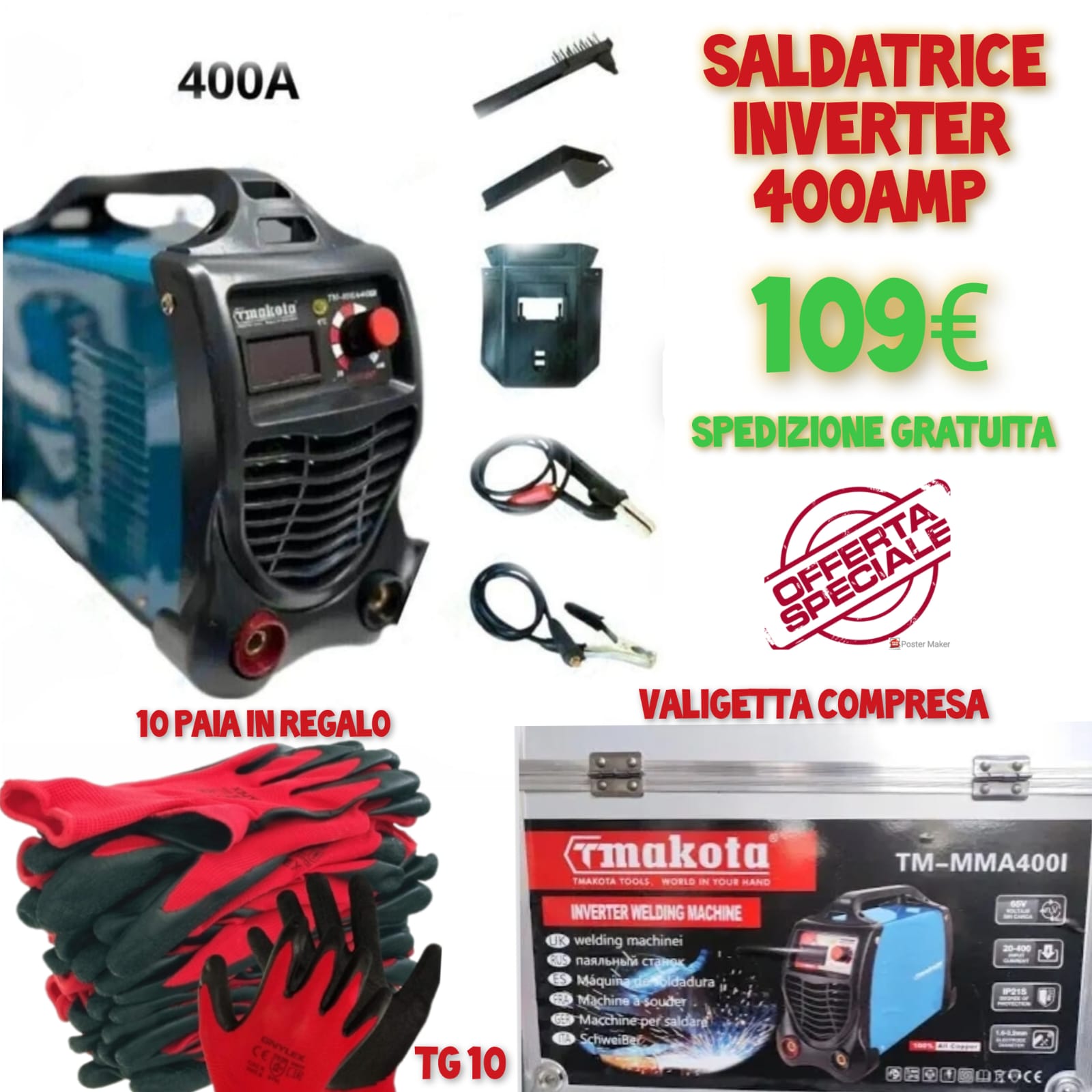 SALADATRICE IVERTER 400A- A ELETTRODO COMPLETA DI CAVI E ACCESSORI