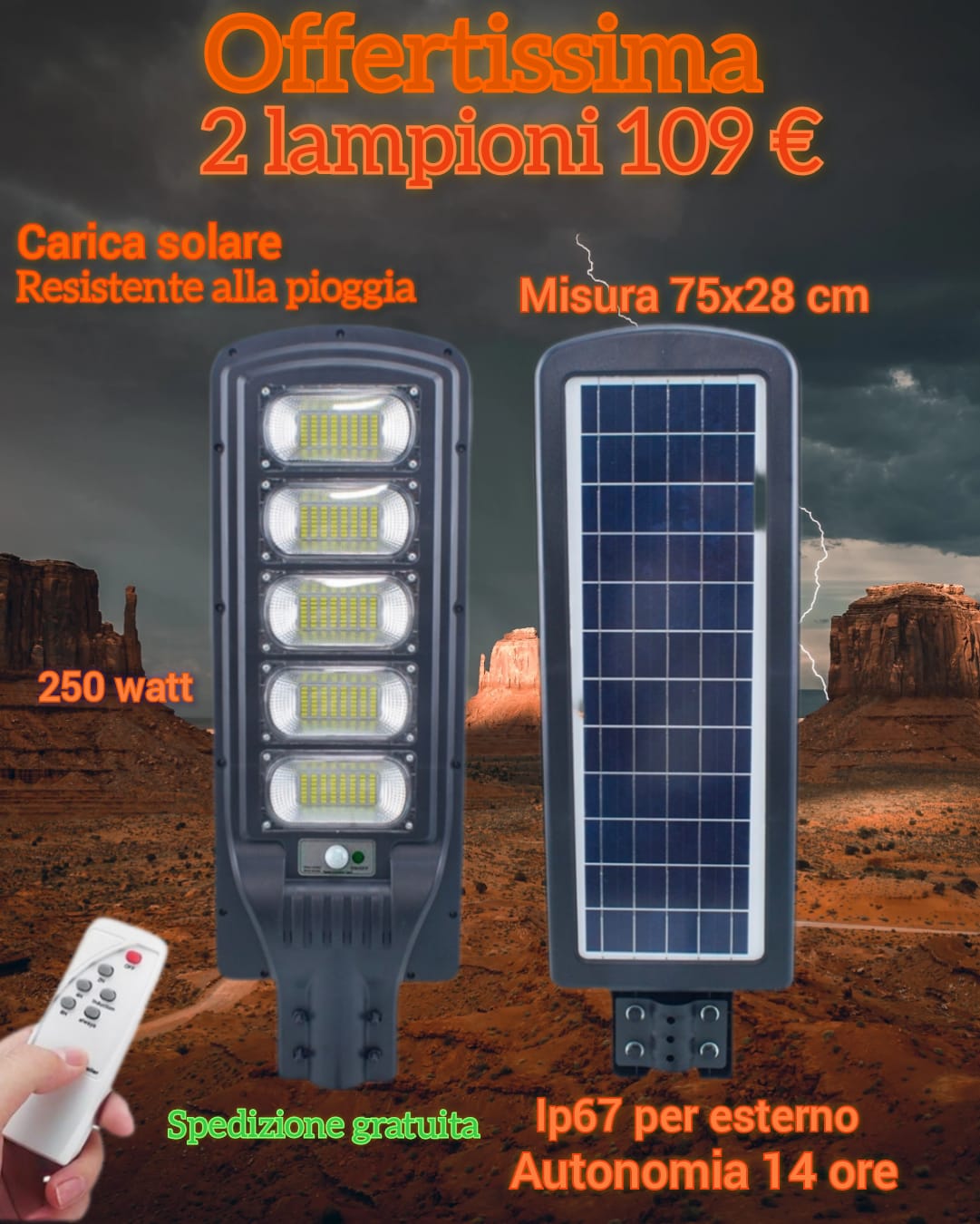 Lampione Stradale Ricarica Solare 250W...modello 2024