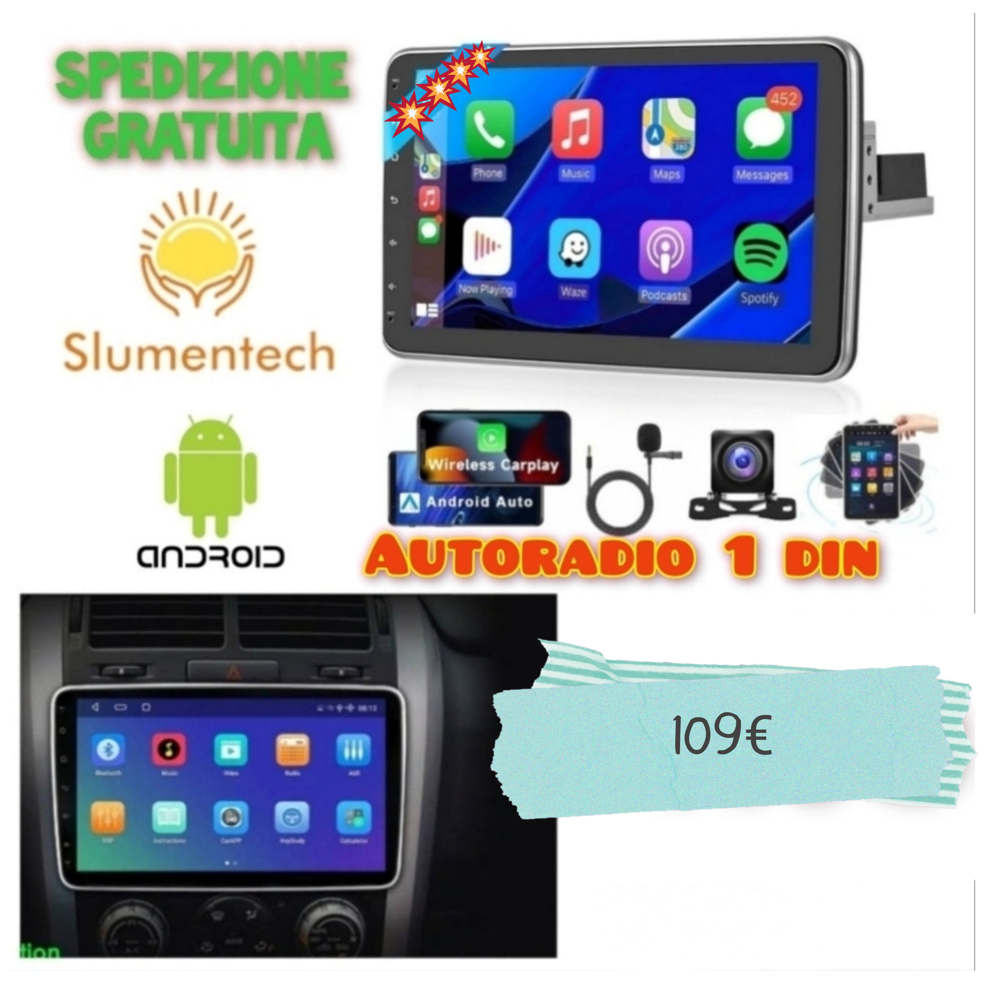 AUTORADIO ANDROID 1 DIN..GPS 10 POLLICI