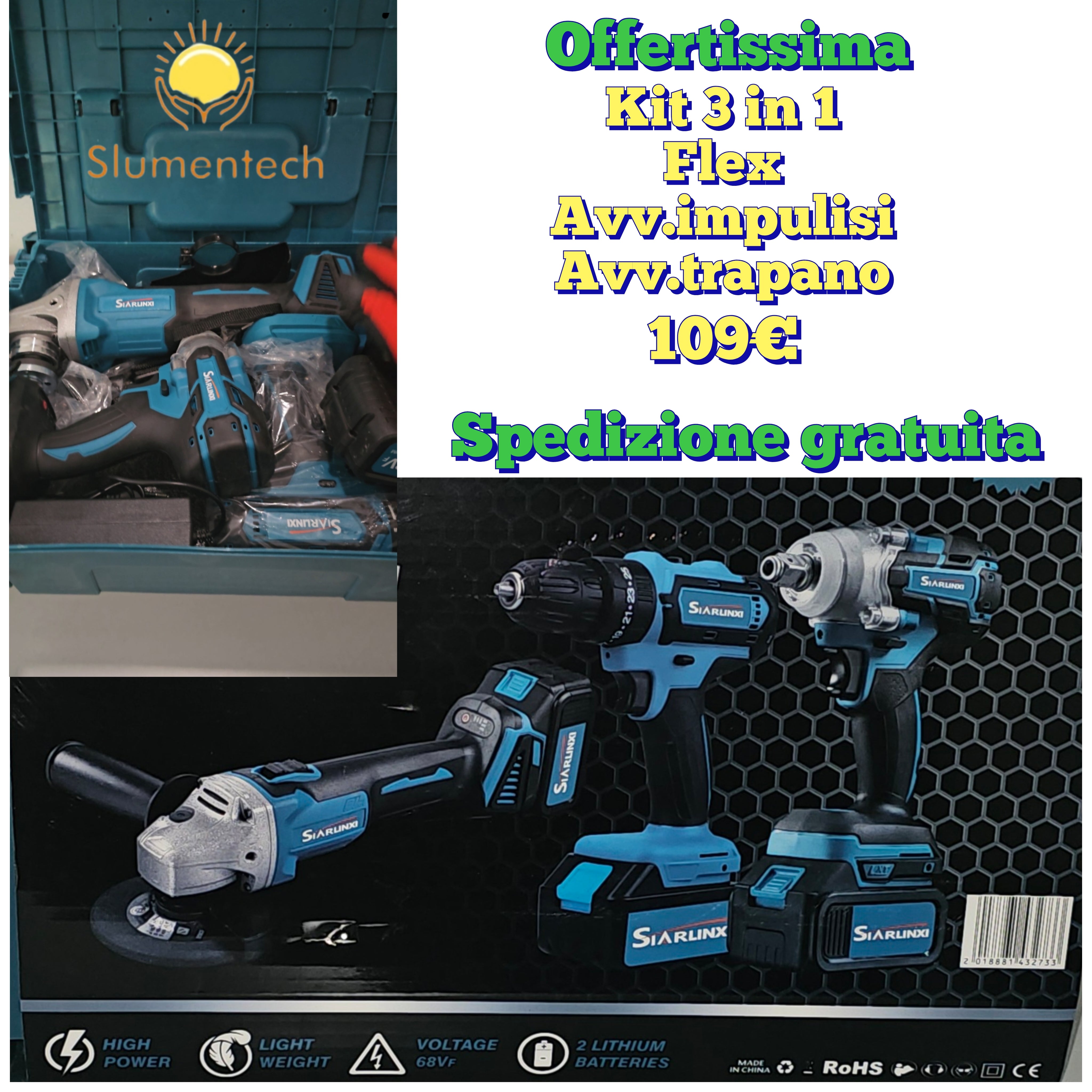 Kit valigia 3in1 Trapano avvitatore + Flex smerigliatrice + avvitatore ad impulsi.