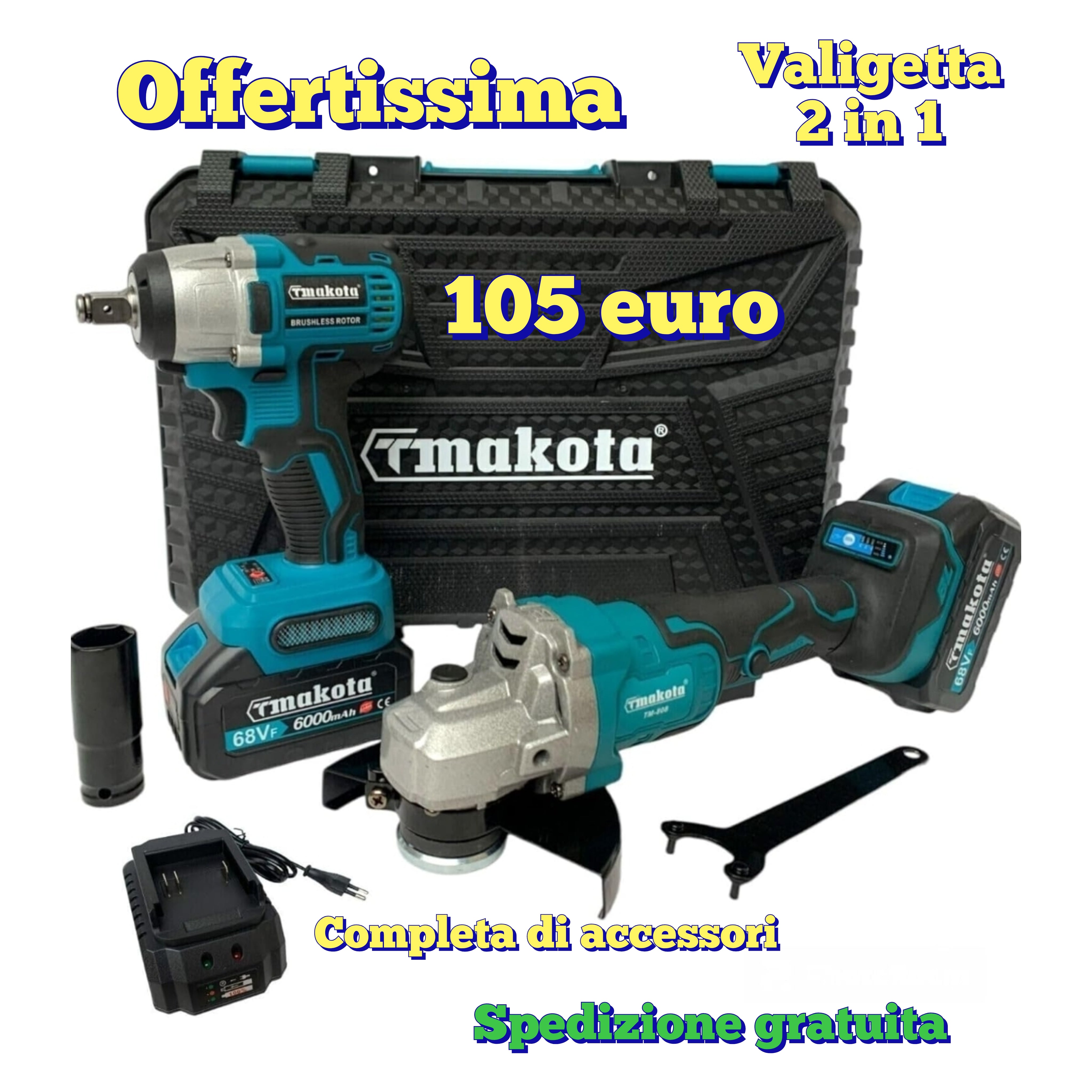 Kit 2 in 1 Avvitatore a impulsi Svitabulloni + Smerigliatrice a Batteria 68V