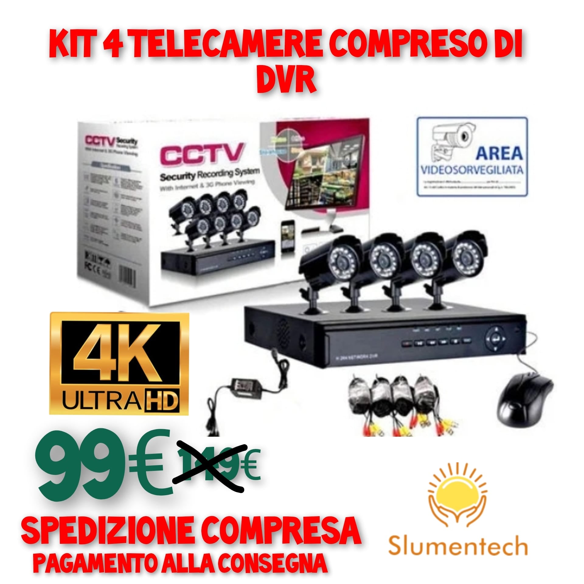 KIT VIDEOSORVEGLIANZA DVR 4 CANALI + 4 TELECAMERE INFRAROSSI ..SPEDIZIONE GRATUITA